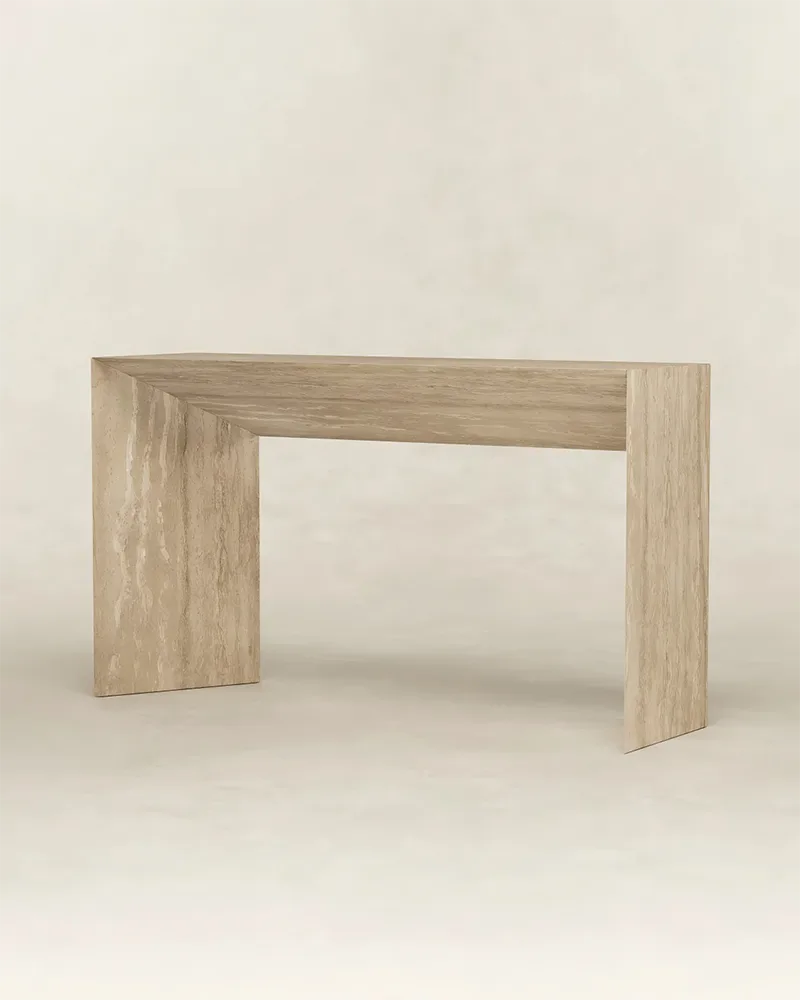 Beige Travertine Simaple Console Table — Travertine natural stone Console Table (product view), Gladystone handcrafted
