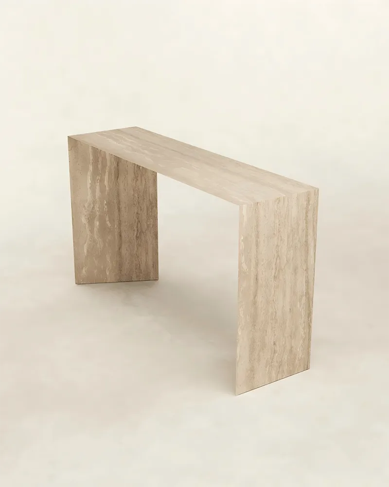 Beige Travertine Simaple Console Table — Travertine natural stone Console Table (product view), Gladystone handcrafted