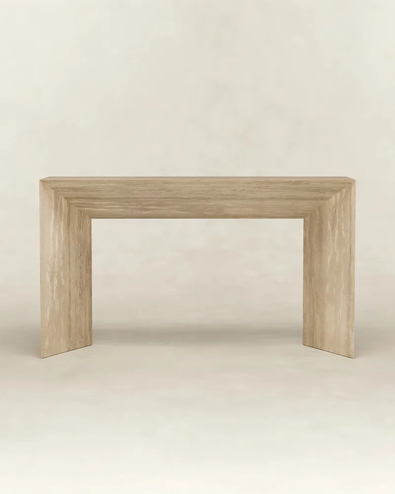 Beige Travertine Simaple Console Table — Travertine natural stone Console Table (product view), Gladystone handcrafted