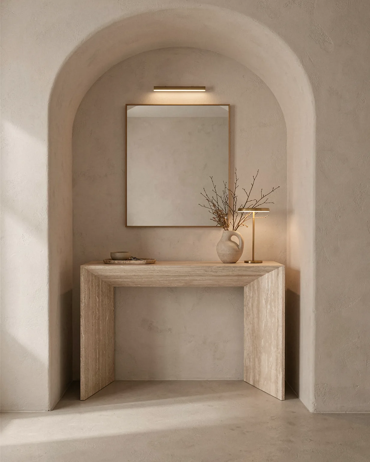 Beige Travertine Simaple Console Table — Travertine natural stone Console Table (in-room scene), Gladystone handcrafted
