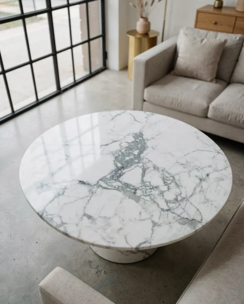 Bianco Statuario Venato Marble Round Coffee Table — Statuario Marble natural stone Coffee Table (hero view), Gladystone handcrafted