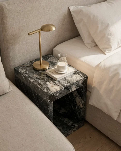 Black Marble Plinth Square Side Table — Black Marble natural stone Side Table (hero view), Gladystone handcrafted