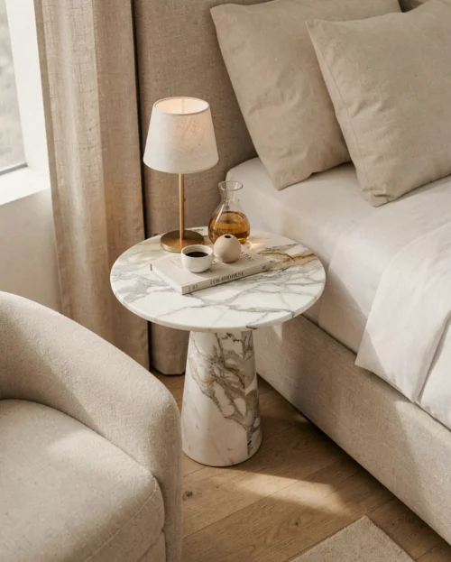 Calacatta Marble Gold Dawn Bistro Table — Calacatta Marble natural stone Side Table (hero view), Gladystone handcrafted