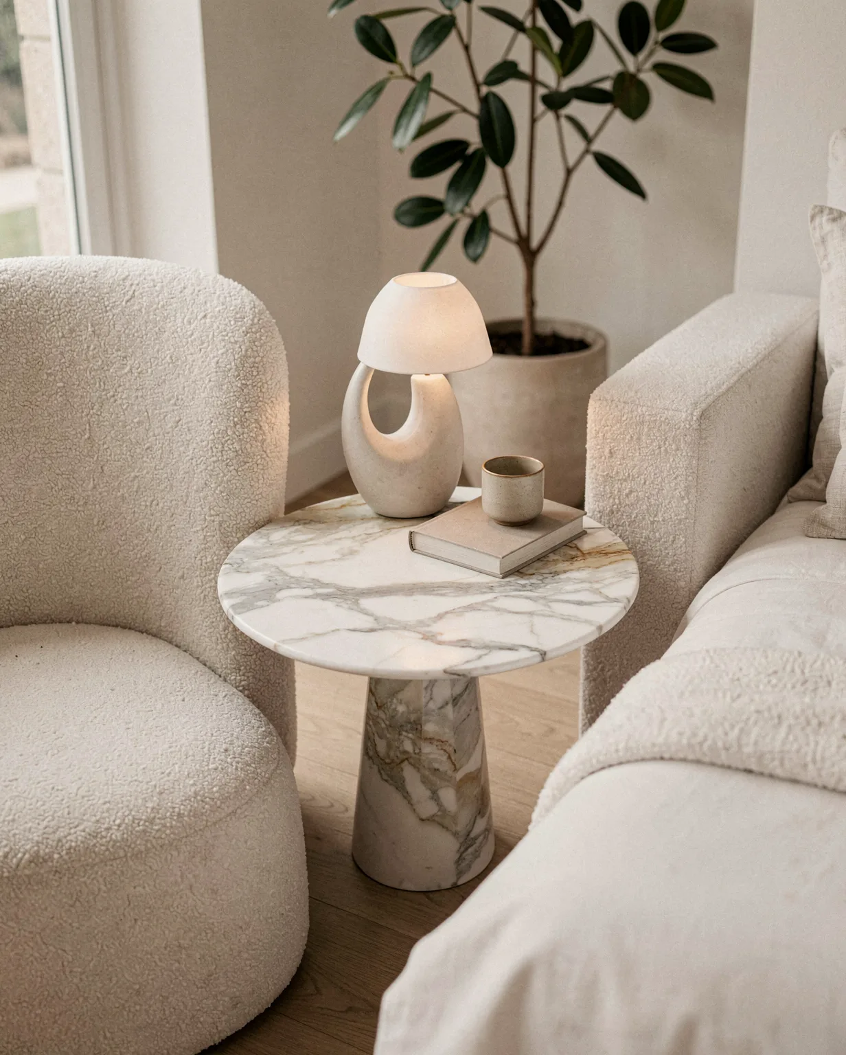 Calacatta Marble Gold Dawn Bistro Table — Calacatta Marble natural stone Side Table (in-room scene), Gladystone handcrafted