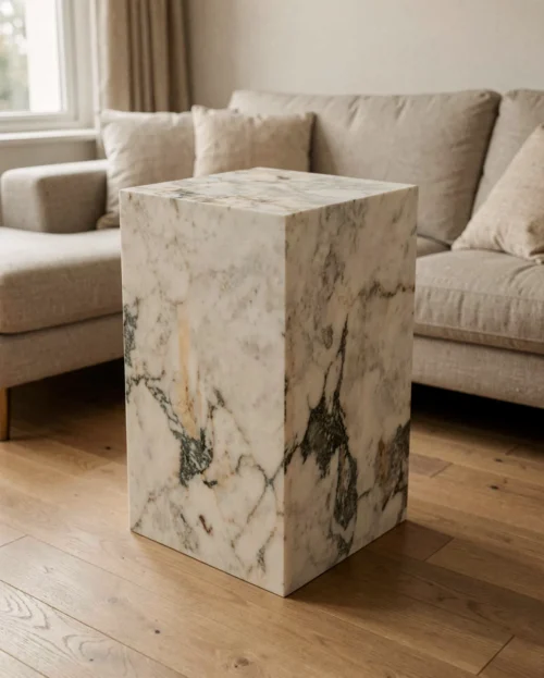 Calacatta Marble Monet Rectangle Plinth Coffee Table — Calacatta Marble natural stone Coffee Table (hero view), Gladystone handcrafted
