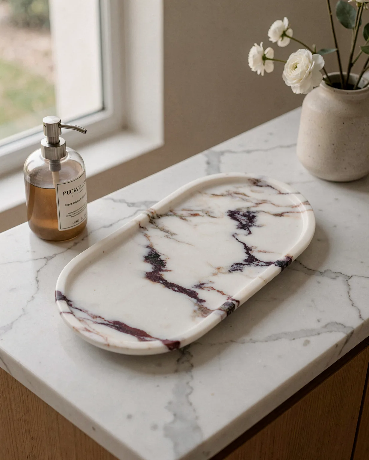 Calacatta Square Round Calacatta Viola Marble Tray — Calacatta Viola Marble natural stone Home Decor (in-room scene), Gladystone handcrafted