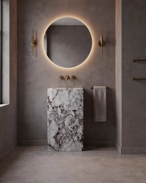 Calacatta Viola Marble Freestanding Pedestal Sink — Calacatta Viola Marble natural stone Bathroom Cabinet (hero view), Gladystone handcrafted