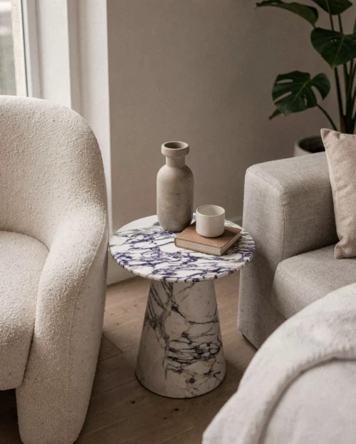 Calacatta Viola Marble Matte Tapered Base Side Table — Calacatta Viola Marble natural stone Side Table (hero view), Gladystone handcrafted