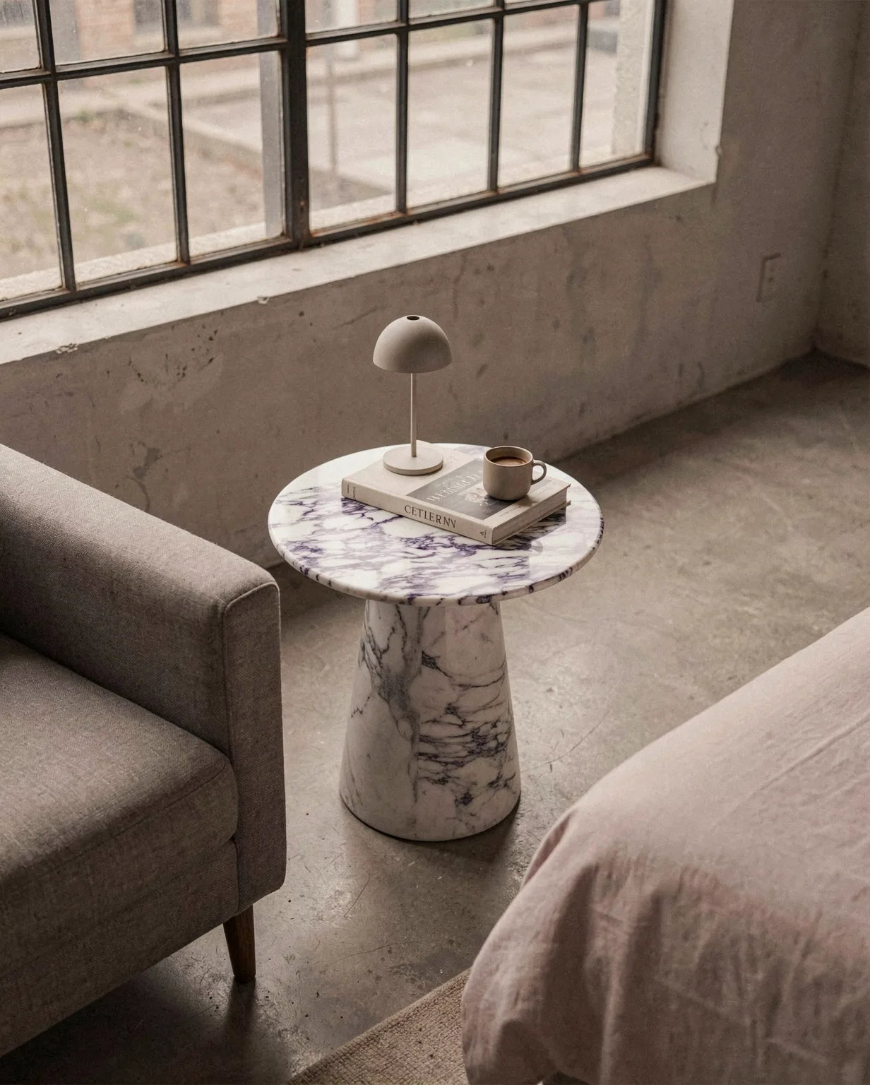 Calacatta Viola Marble Matte Tapered Base Side Table — Calacatta Viola Marble natural stone Side Table (in-room scene), Gladystone handcrafted
