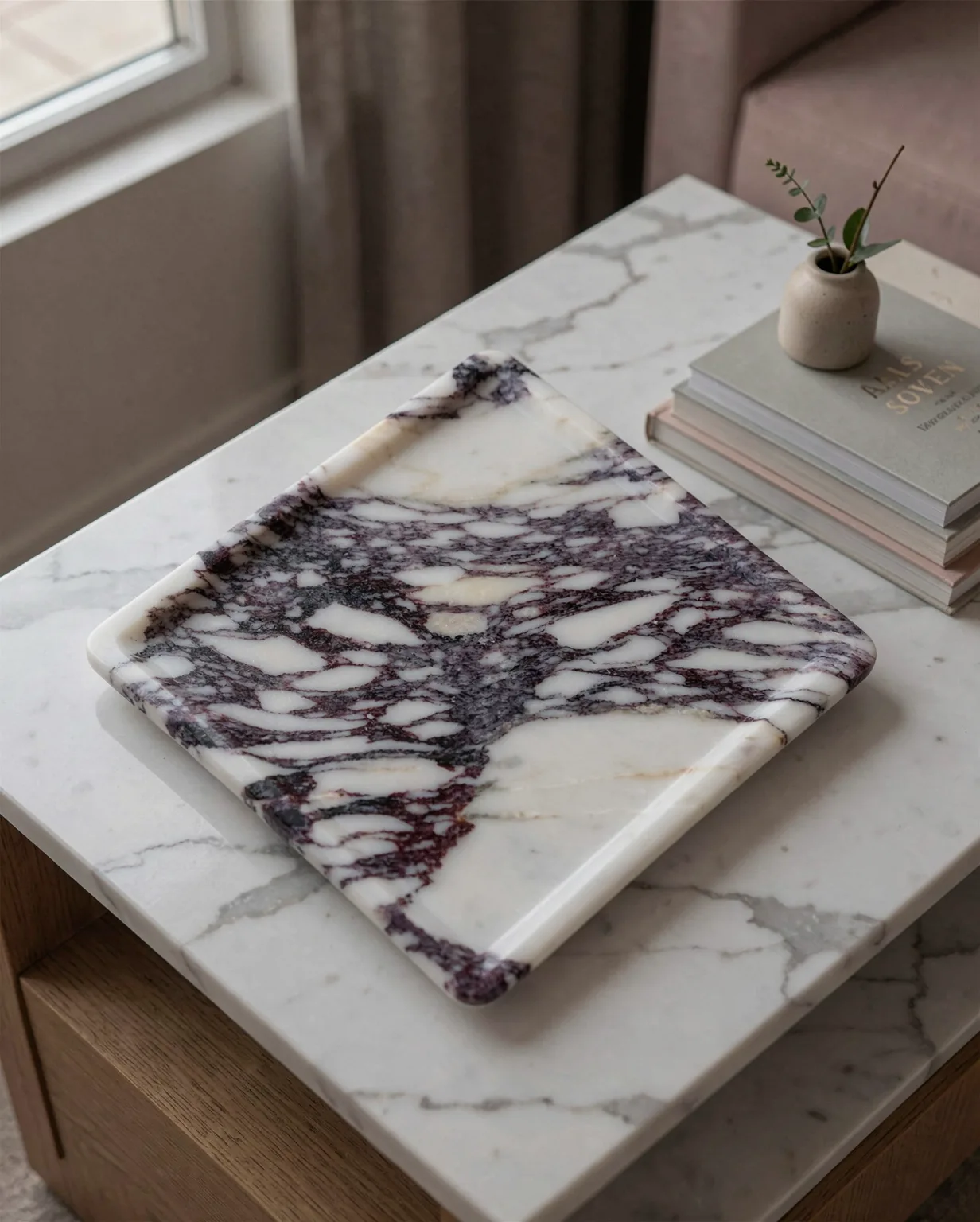 Calacatta Viola Marble Polished Square Tray — Calacatta Viola Marble natural stone Home Decor (in-room scene), Gladystone handcrafted