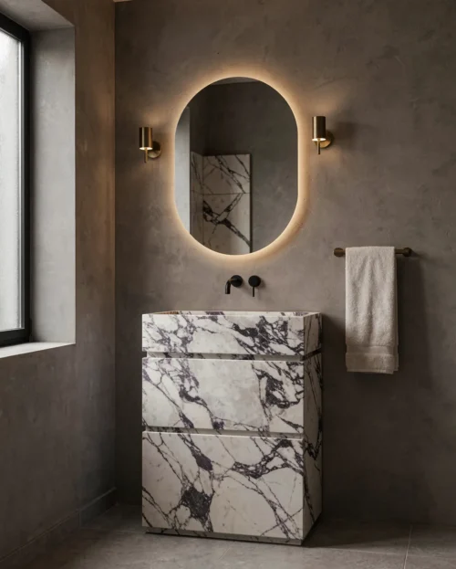 Calacatta Viola Marble Vanity Sink & Unit — Calacatta Viola Marble natural stone Bathroom Cabinet (hero view), Gladystone handcrafted