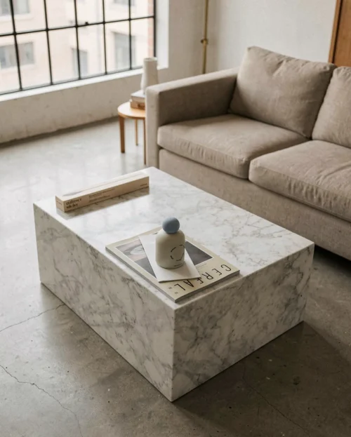 carrara-marble-rectangle-plinth-coffee-table-1 Carrara Marble Rectangle Plinth Coffee Table — Carrara Marble natural stone Coffee Table (hero view), Gladystone handcrafted