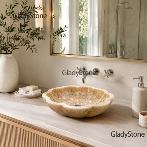 Honey Onyx Flower Vessel Sink — Honey Onyx natural stone Bathroom Sink (showroom), Gladystone handcrafted