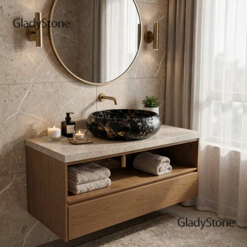 effect_scene1_wm-1 Athena Gold Marble Vessel Sink (2) — Athena Gold natural stone Bathroom Sink (in-room scene), Gladystone handcrafted