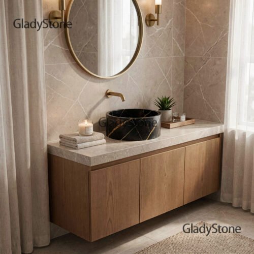 Nero Marquina Marble Cylinder Vessel Sink — Nero Marquina natural stone Bathroom Sink (in-room scene), Gladystone handcrafted