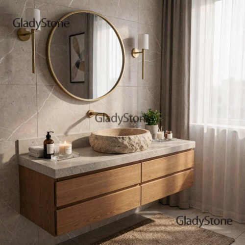 Travertine Sculpted Vessel Sink — Travertine natural stone Bathroom Sink (in-room scene), Gladystone handcrafted