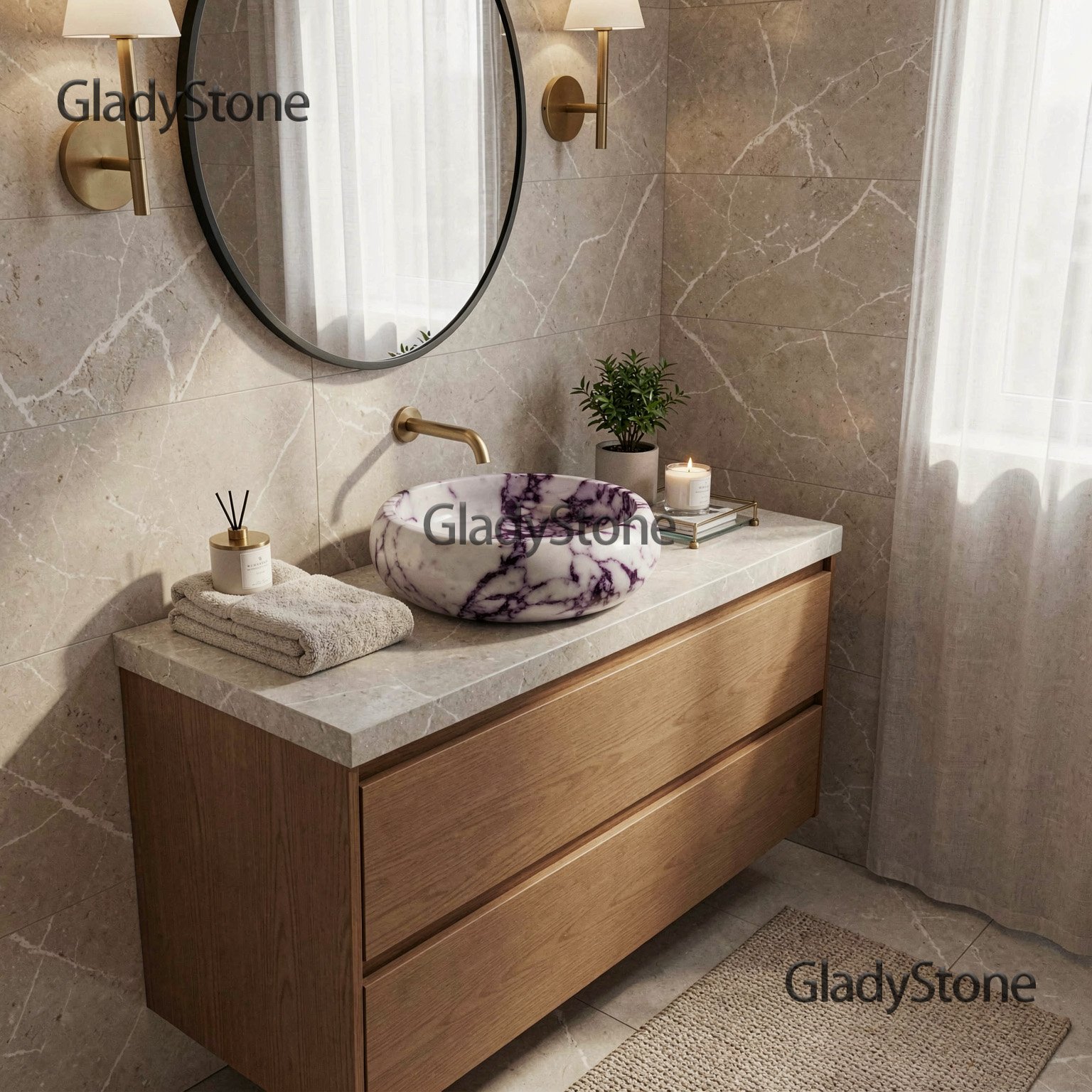 Viola Marble Sculpted Vessel Sink — Viola natural stone Bathroom Sink (in-room scene), Gladystone handcrafted