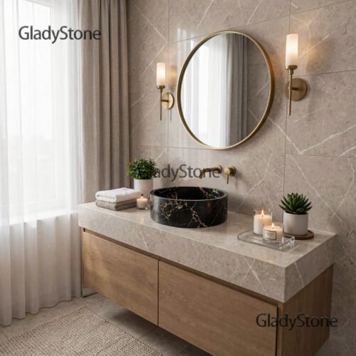 effect_scene1_wm Athena Gold Marble Vessel Sink — Athena Gold natural stone Bathroom Sink (in-room scene), Gladystone handcrafted