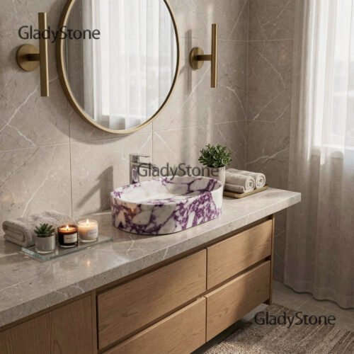 Viola Marble Sculpted Vessel Sink (2) — Viola natural stone Bathroom Sink (in-room scene), Gladystone handcrafted
