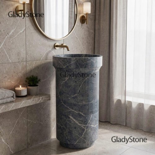 Blue Beilu Marble Pedestal Sink — Blue Beilu natural stone Pedestal Sink (in-room scene), Gladystone handcrafted