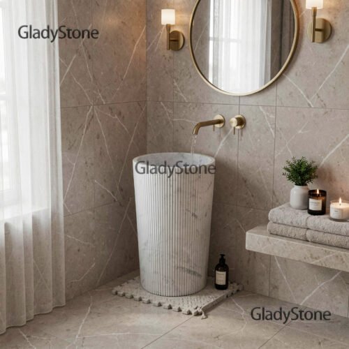 Carrara Marble Groove Pedestal Sink — Carrara natural stone Pedestal Sink (in-room scene), Gladystone handcrafted