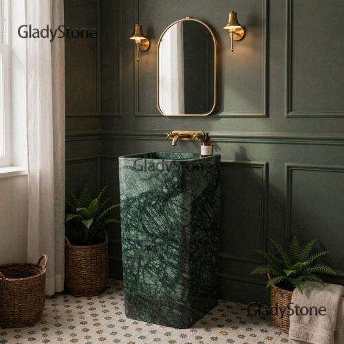 Emerald Green Marble Square Pedestal Sink — Emerald Green natural stone Pedestal Sink (in-room scene), Gladystone handcrafted
