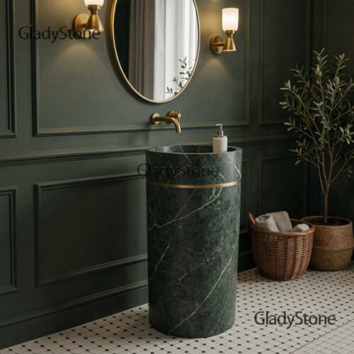 Emerald Green Marble Pedestal Sink (3) — Emerald Green natural stone Pedestal Sink (in-room scene), Gladystone handcrafted