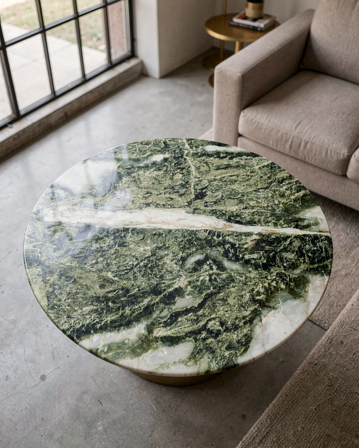 Green Forest Marble Petal Base Coffee Table — Green Forest Marble natural stone Coffee Table (in-room scene), Gladystone handcrafted