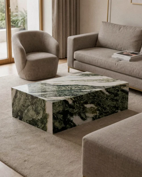 green-forest-marble-rectangle-plinth-coffee-table-1 Green Forest Marble Rectangle Plinth Coffee Table — Green Forest Marble natural stone Coffee Table (hero view), Gladystone handcrafted