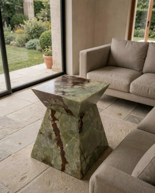 Green Onyx Geometric Side Table — Green Onyx natural stone Side Table (hero view), Gladystone handcrafted