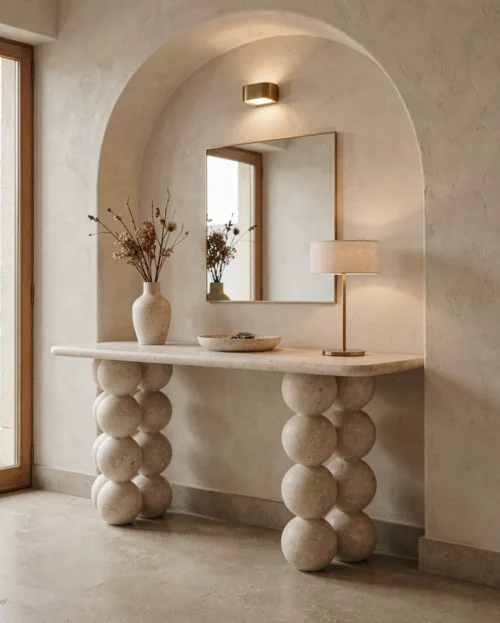 limestone-pearl-shape-base-console-table-1 Limestone Pearl Shape Base Console Table — Limestone natural stone Console Table (hero view), Gladystone handcrafted