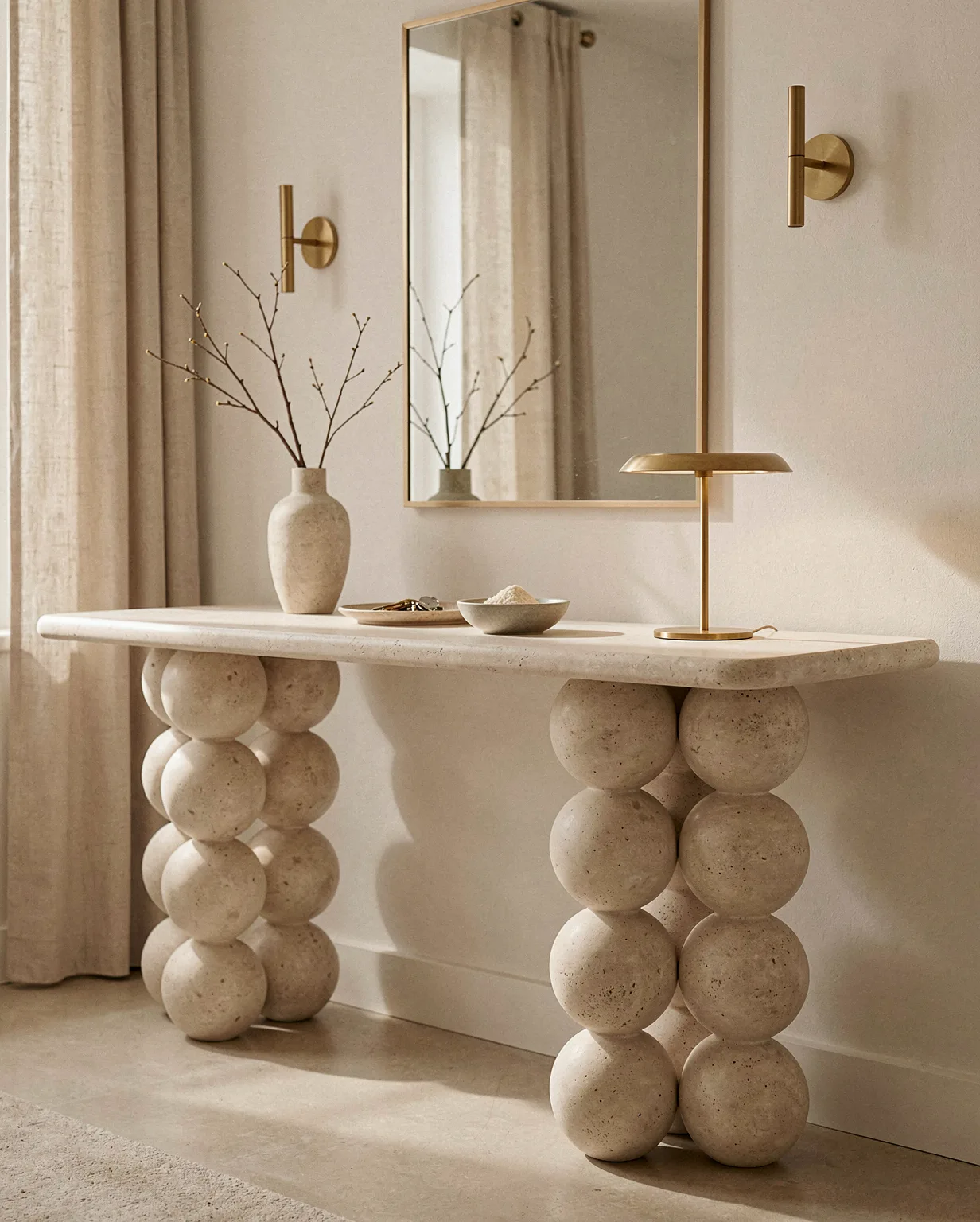 Limestone Pearl Shape Base Console Table — Limestone natural stone Console Table (in-room scene), Gladystone handcrafted