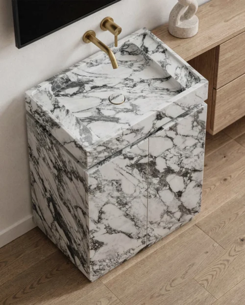 Marble Arabescato Bathroom Vanity Unit with Doors — Arabescato Marble natural stone Bathroom Cabinet (hero view), Gladystone handcrafted