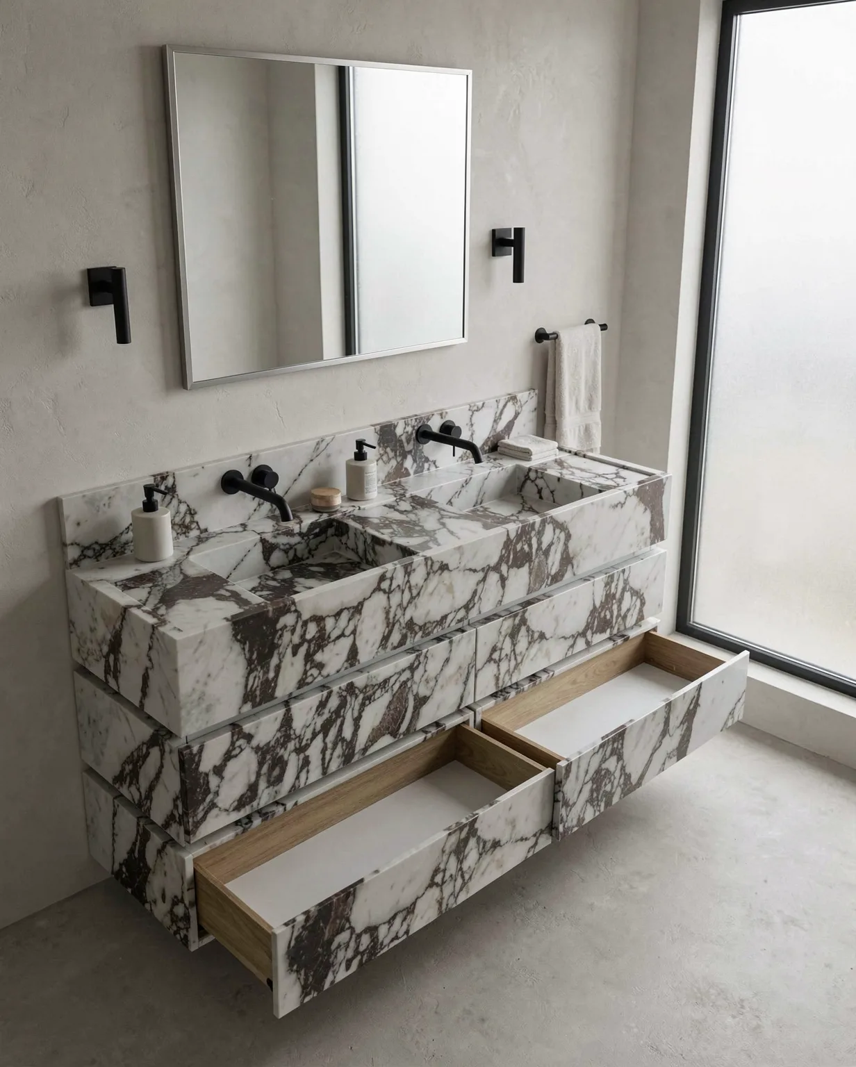 Marble Bathroom Vanity Double Sink & Unit — Marble natural stone Bathroom Cabinet (in-room scene), Gladystone handcrafted