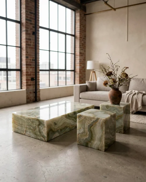 Marble Green Onyx Plinth Coffee Table — Green Onyx natural stone Coffee Table (hero view), Gladystone handcrafted