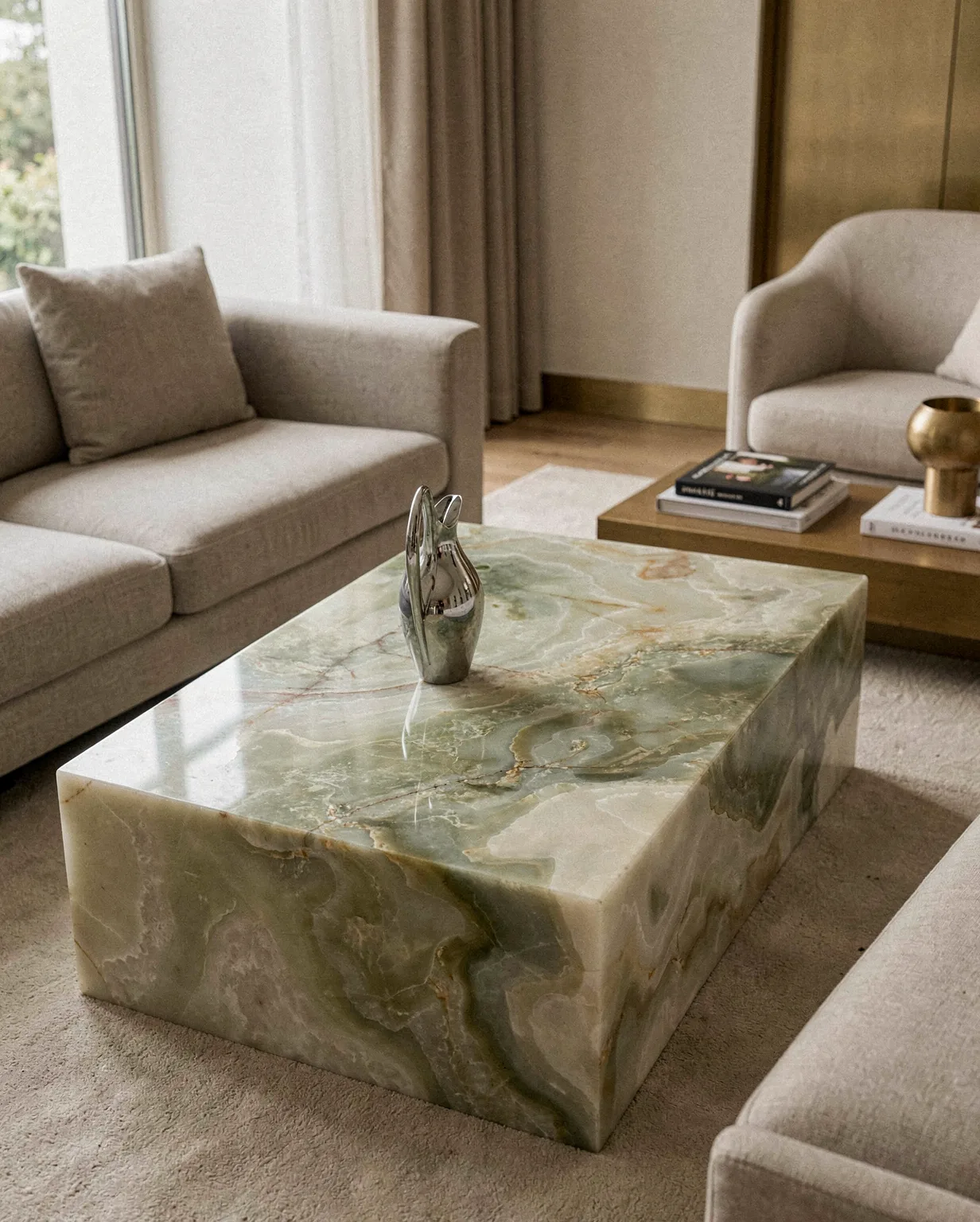 Marble Green Onyx Plinth Coffee Table — Green Onyx natural stone Coffee Table (in-room scene), Gladystone handcrafted