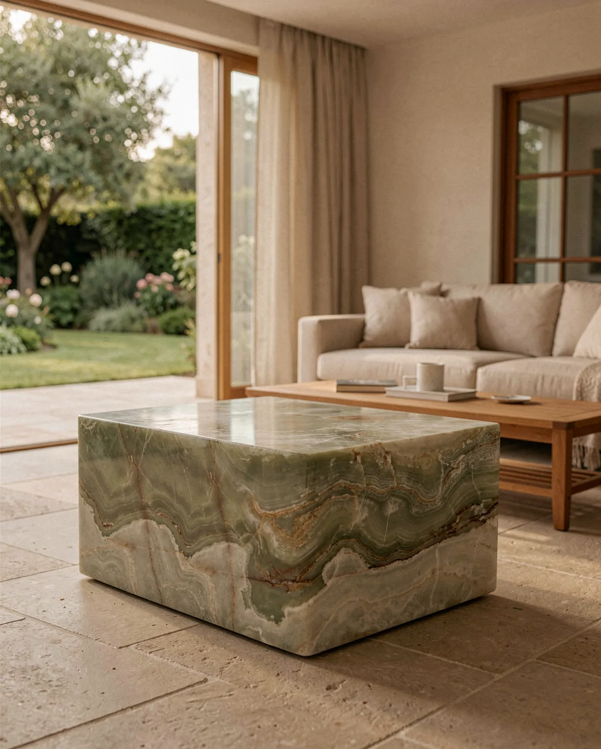 Marble Green Onyx Plinth Coffee Table — Green Onyx natural stone Coffee Table (in-room scene), Gladystone handcrafted