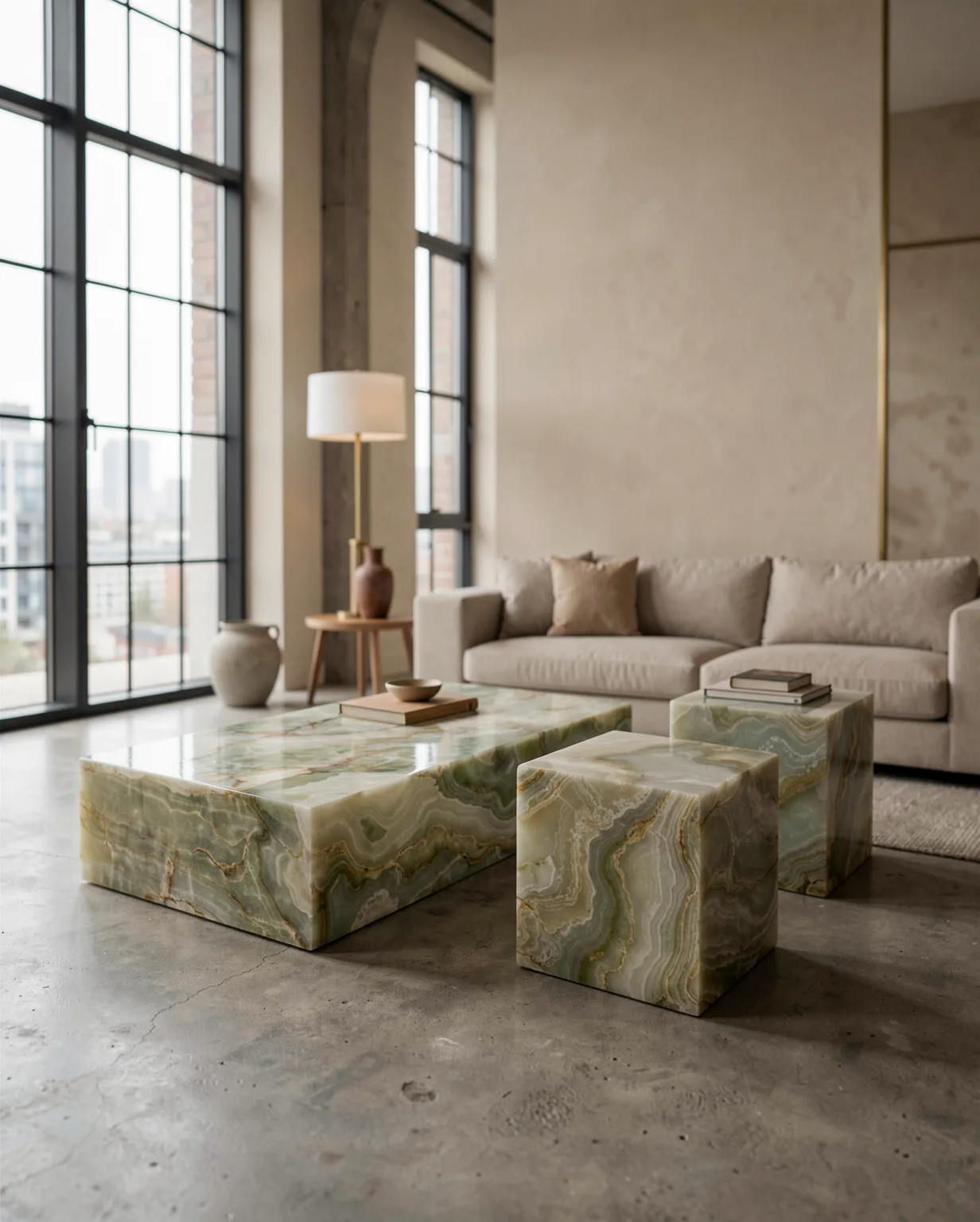 Marble Green Onyx Plinth Coffee Table — Green Onyx natural stone Coffee Table (in-room scene), Gladystone handcrafted