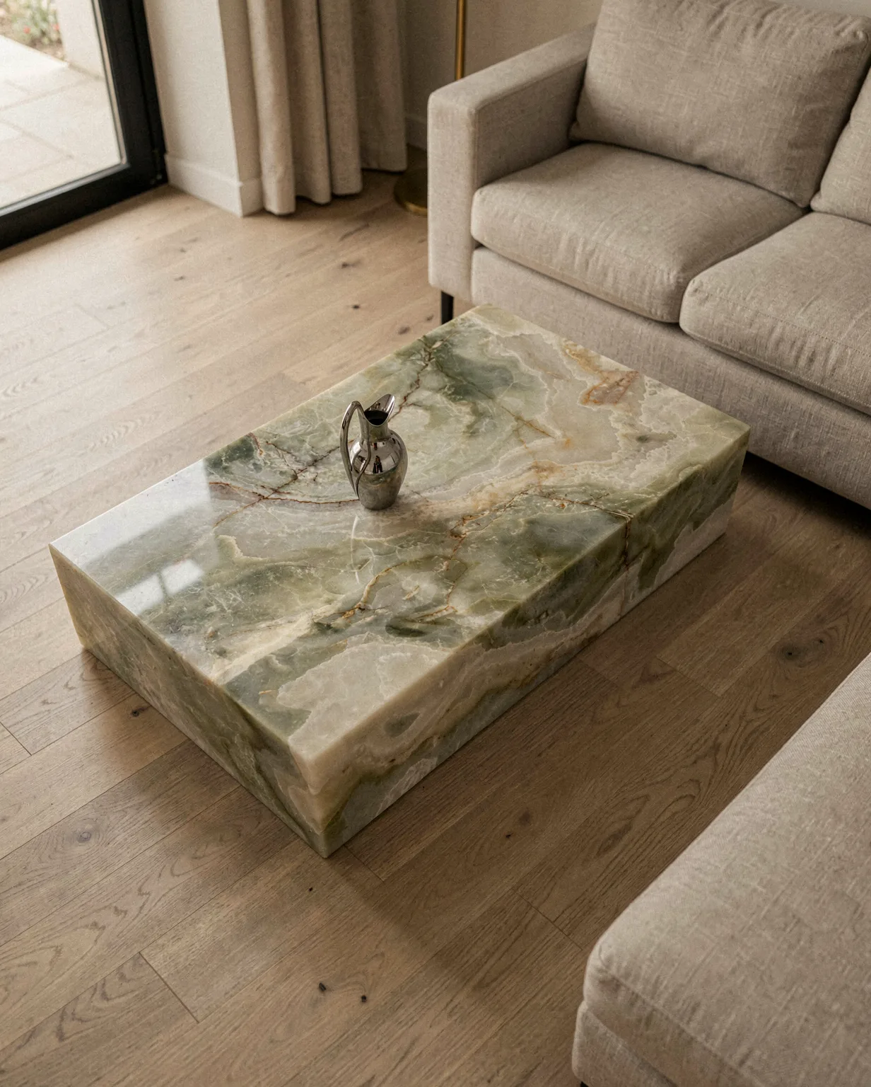 Marble Green Onyx Plinth Coffee Table — Green Onyx natural stone Coffee Table (in-room scene), Gladystone handcrafted