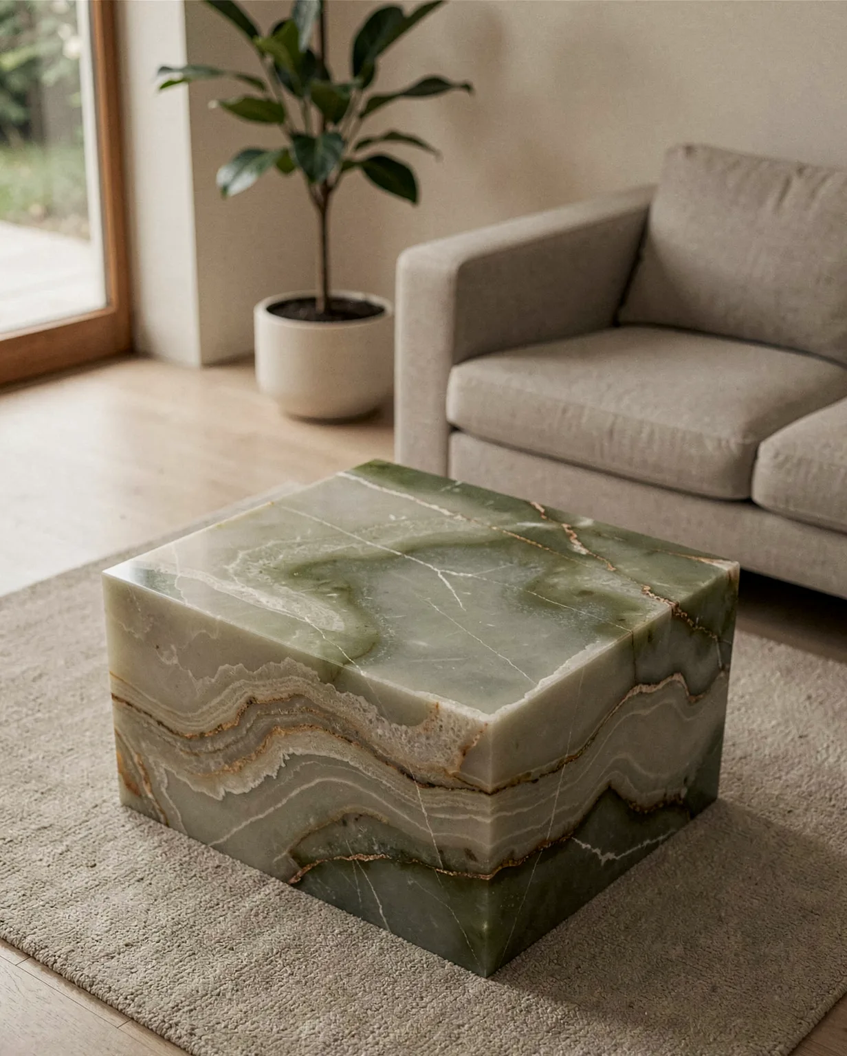 Marble Green Onyx Plinth Coffee Table — Green Onyx natural stone Coffee Table (in-room scene), Gladystone handcrafted