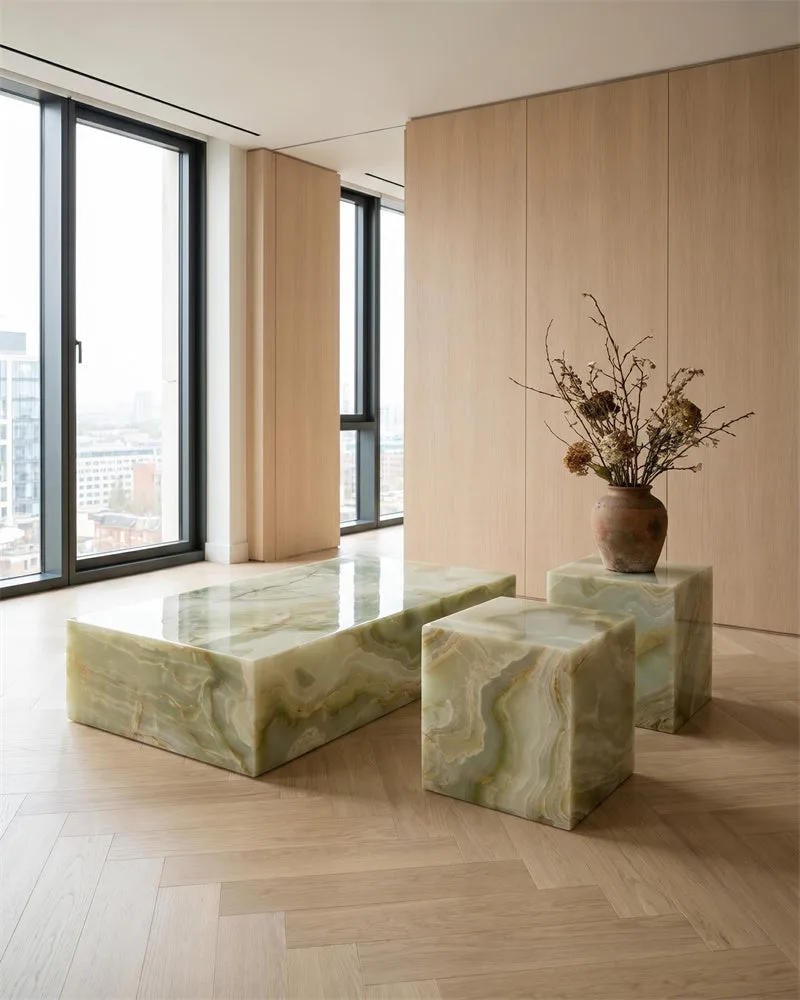 Marble Green Onyx Plinth Coffee Table — Green Onyx natural stone Coffee Table (product view), Gladystone handcrafted