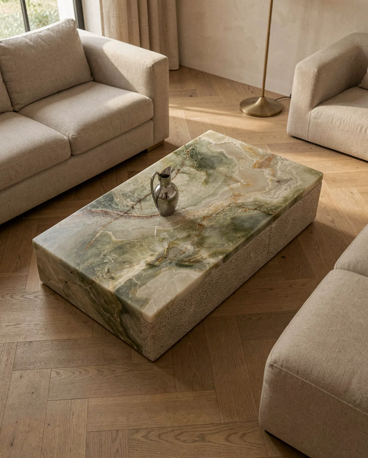 Marble Green Onyx Plinth Coffee Table — Green Onyx natural stone Coffee Table (in-room scene), Gladystone handcrafted