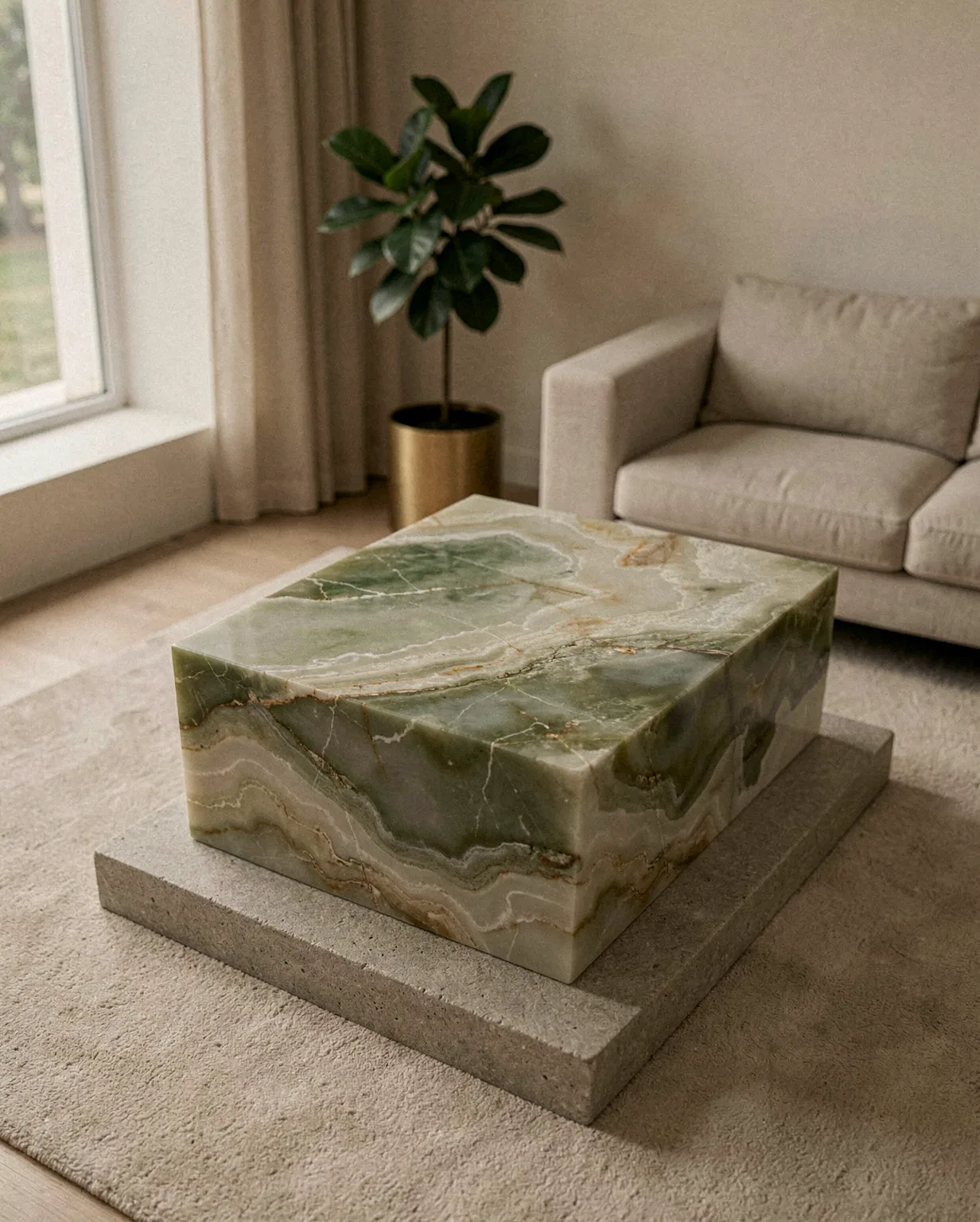 Marble Green Onyx Plinth Coffee Table — Green Onyx natural stone Coffee Table (in-room scene), Gladystone handcrafted