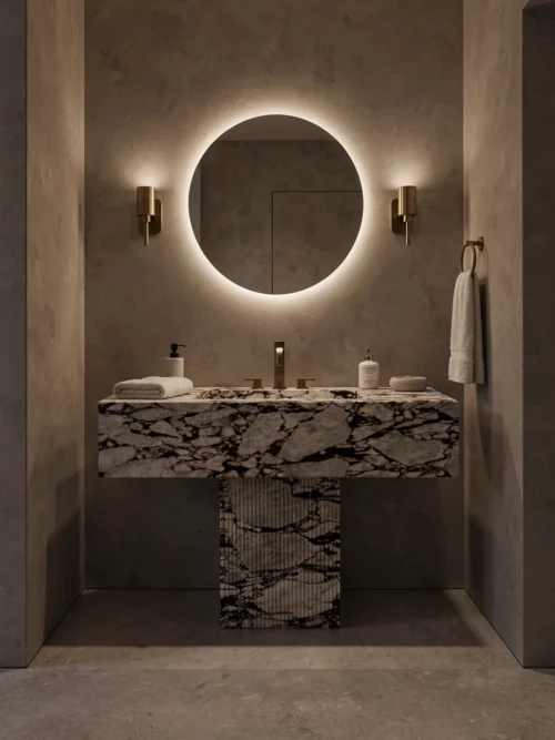 marble-pedestal-vanity-with-single-sink-1 Marble Pedestal Vanity with Single Sink — Marble natural stone Bathroom Cabinet (hero view), Gladystone handcrafted