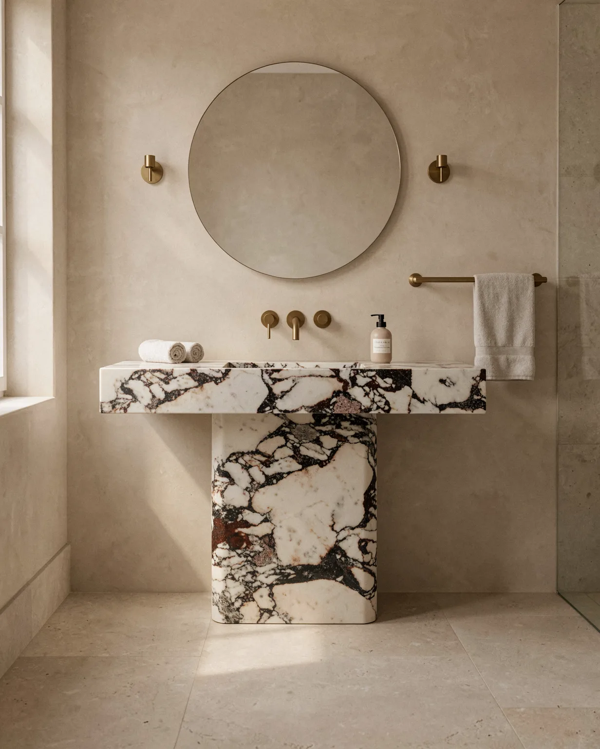 Marble Smooth Vanity with Single Sink — Marble natural stone Bathroom Cabinet (in-room scene), Gladystone handcrafted