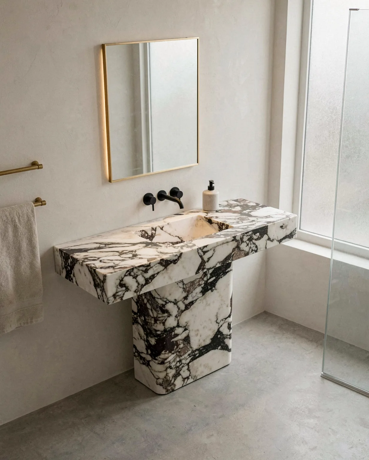 Marble Smooth Vanity with Single Sink — Marble natural stone Bathroom Cabinet (in-room scene), Gladystone handcrafted