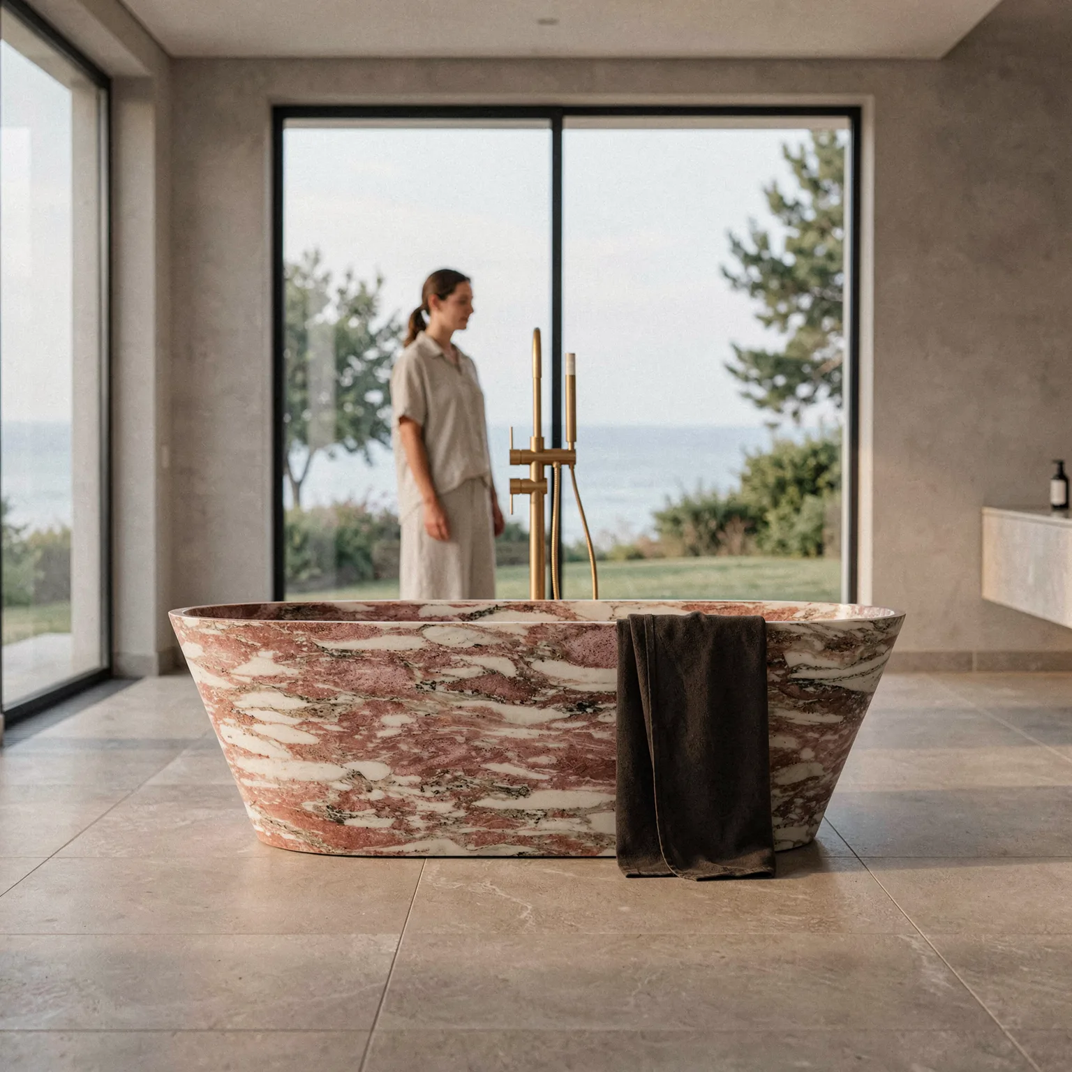 Norwegian Rose Marble Bathtub — Norwegian Rose Marble natural stone Bathtubs (hero view), Gladystone handcrafted