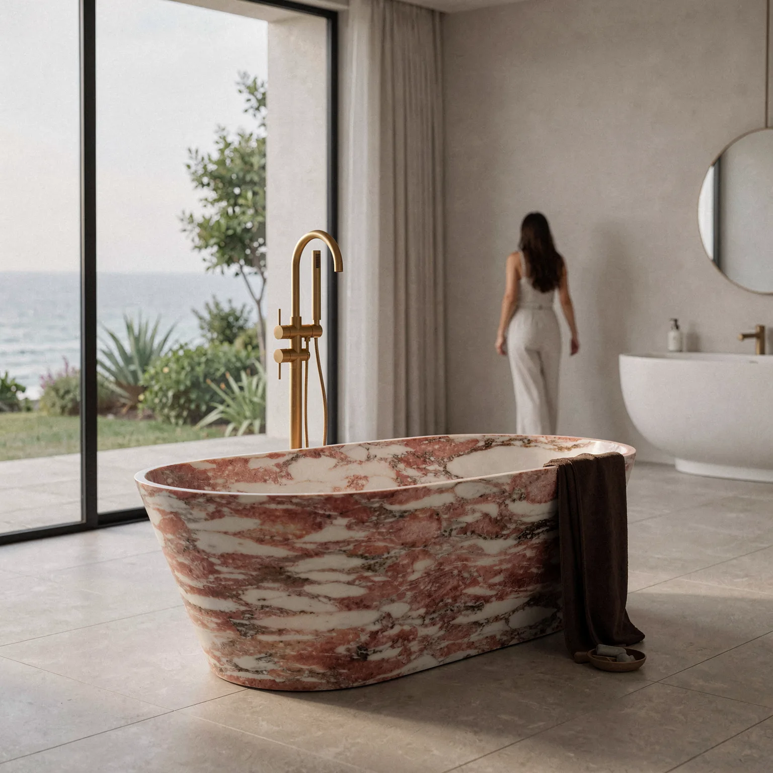 Norwegian Rose Marble Bathtub — Norwegian Rose Marble natural stone Bathtubs (in-room scene), Gladystone handcrafted