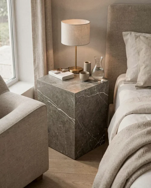Pietra Grey Marble Plinth Tall Side Table — Pietra Grey Marble natural stone Side Table (hero view), Gladystone handcrafted