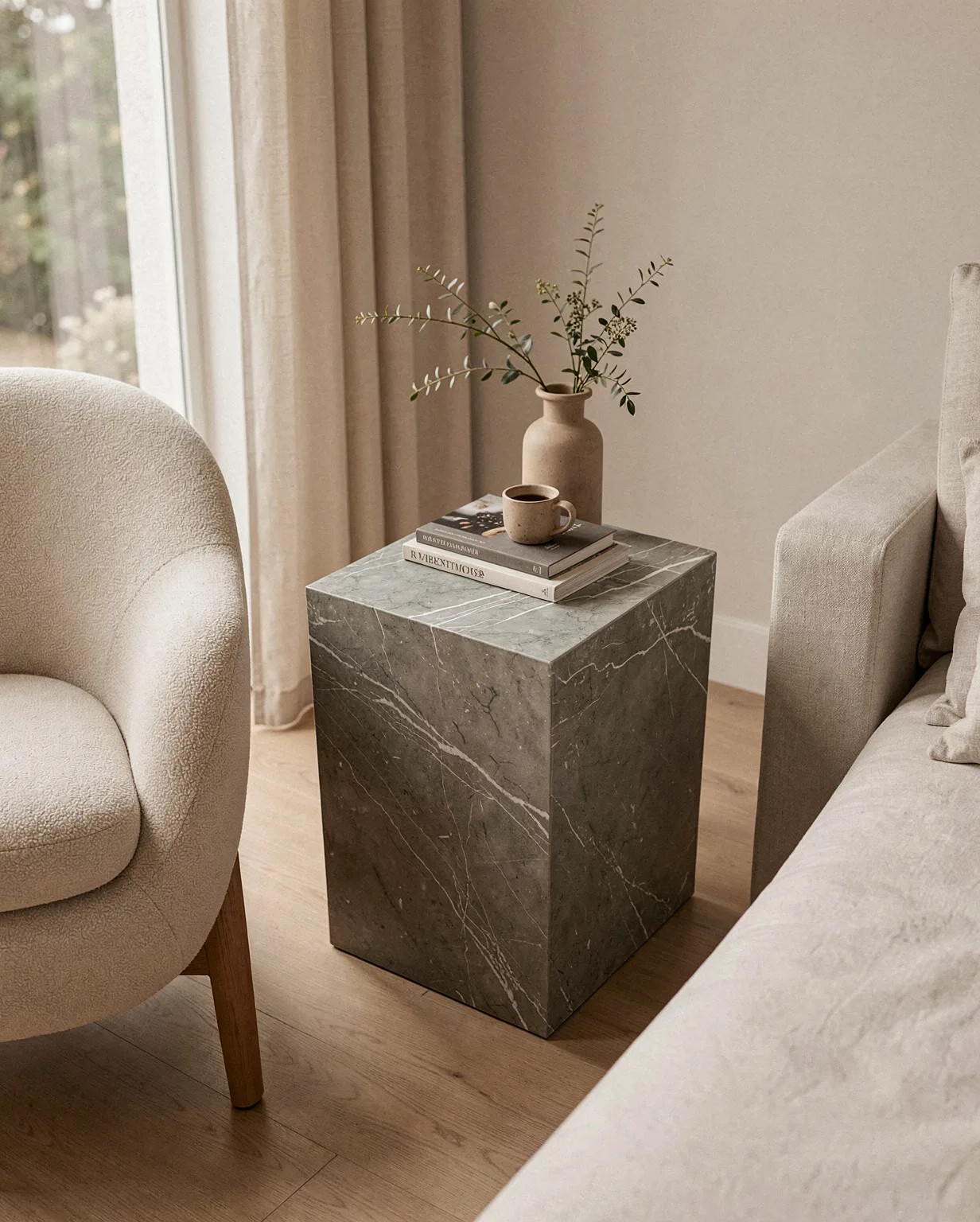 Pietra Grey Marble Plinth Tall Side Table — Pietra Grey Marble natural stone Side Table (in-room scene), Gladystone handcrafted